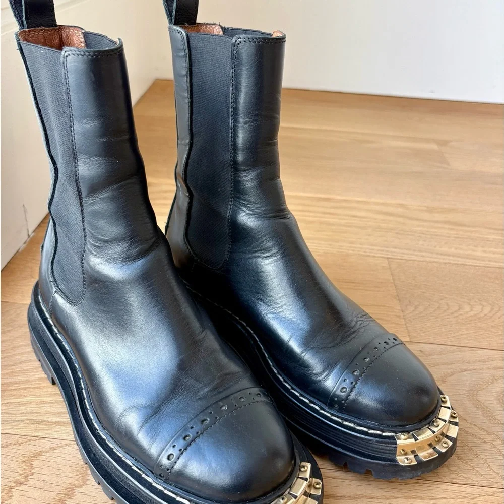 Sandro Black Leather Ankle Boots with Gold Accents - Picture 7 of 8